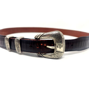 Lucchese Men’s Black Cherry Leather Western Belt Silver Engraved Buckle Size 38